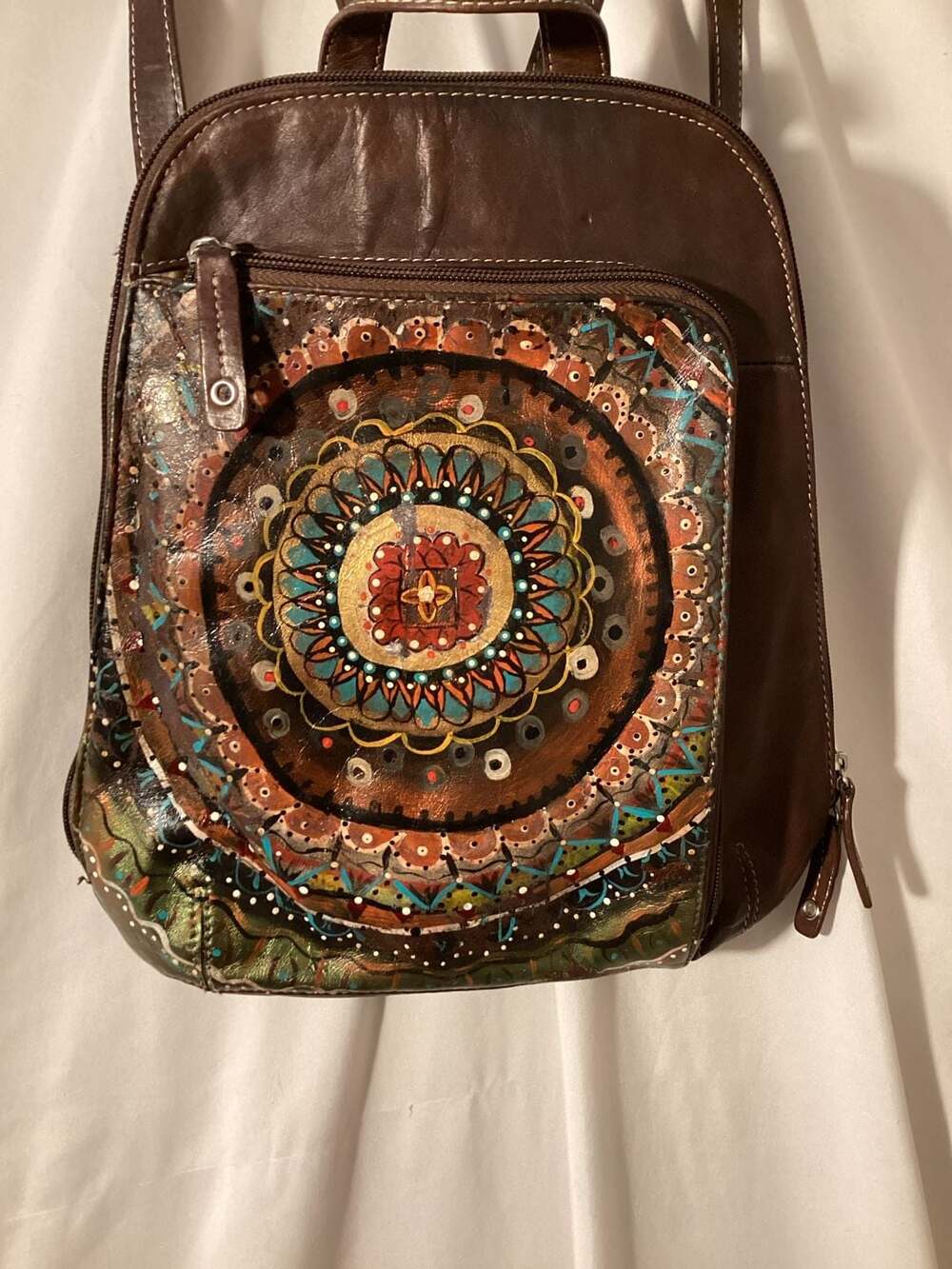 Mandala Embossed Genuine Leather Convertible Backpack Purse - Picture 2 of 7